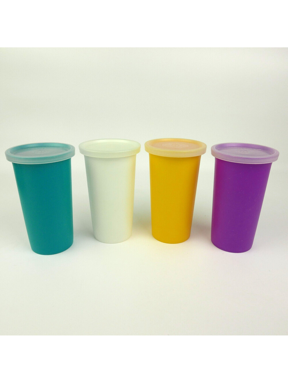 Vintage Tupperware 10.5 oz Bell Tumblers Cups 2874A Lids Set of 4 Retro Colors